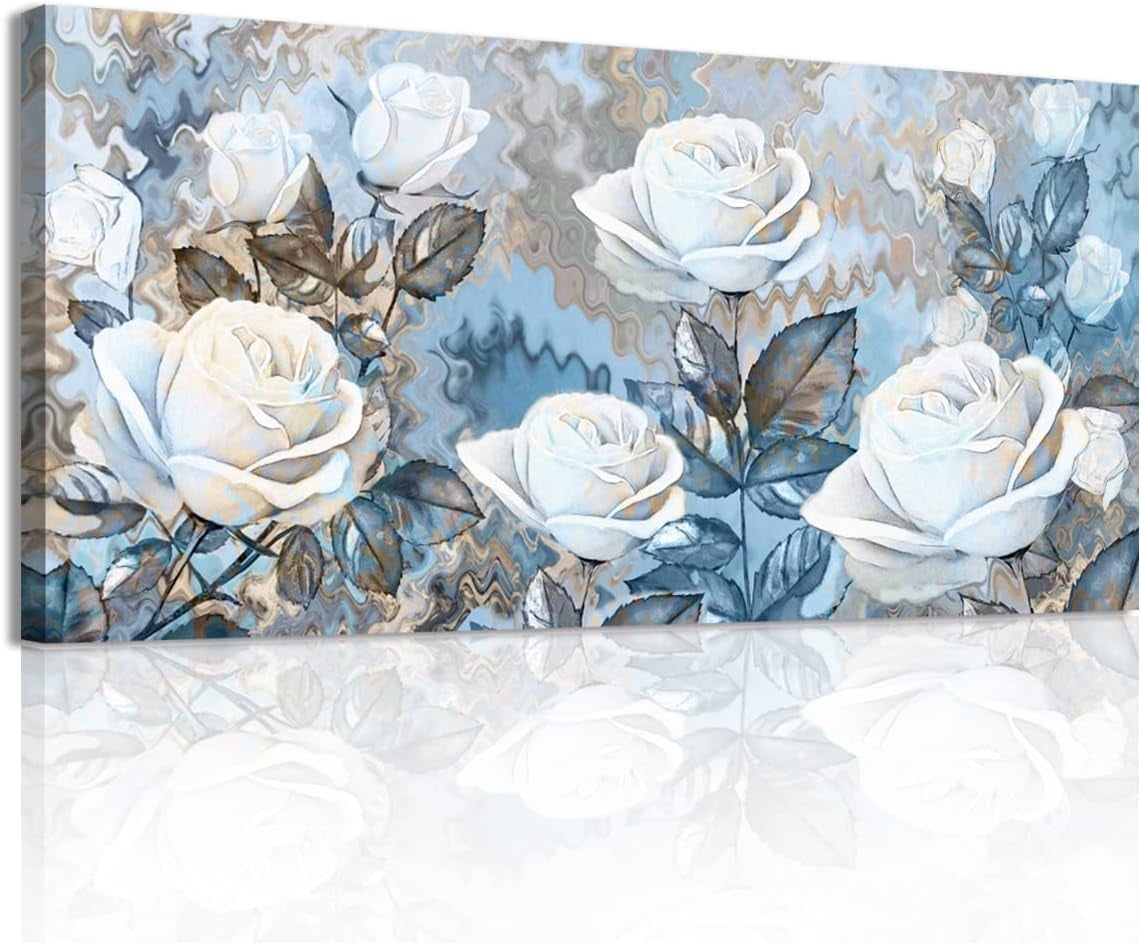 AatoeaX Living Room Wall Art White Flower Pictures Blue Abstract Floral ...