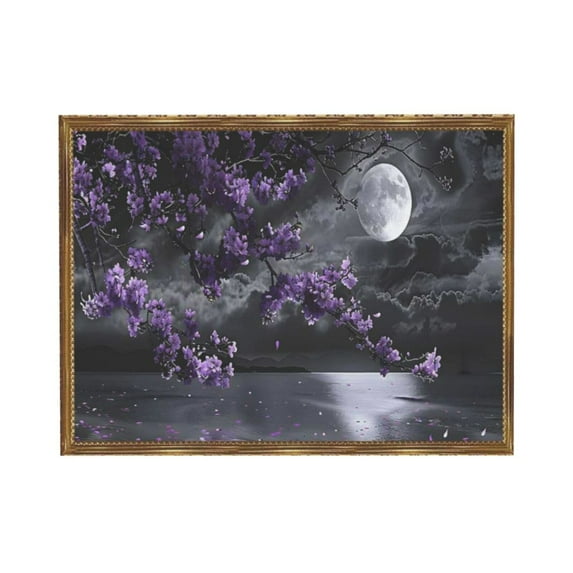 AatoeaX Purple Bedroom Pictures Wall Decor Purple Canvas Art Black and White Sea Night Full Moon Purple Flower Print on Canvas Purple Wall Picture for Room Decor