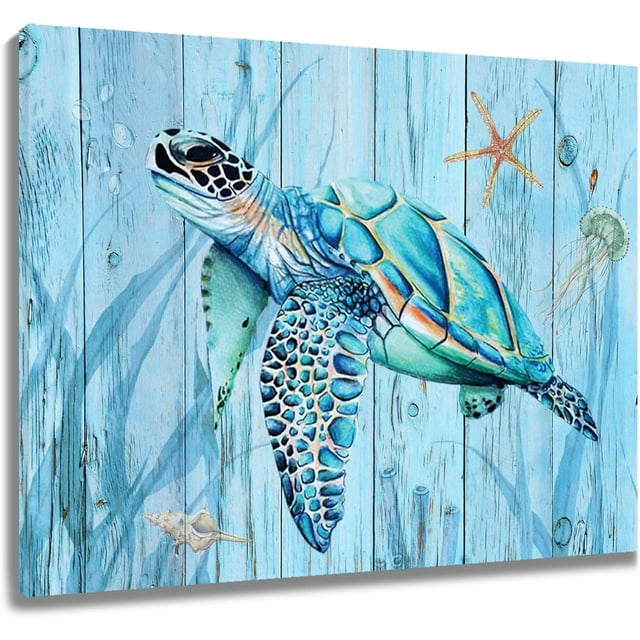 AatoeaX Sea Turtle Canvas Wall Art Turtle and Seashell Seastar on Blue ...