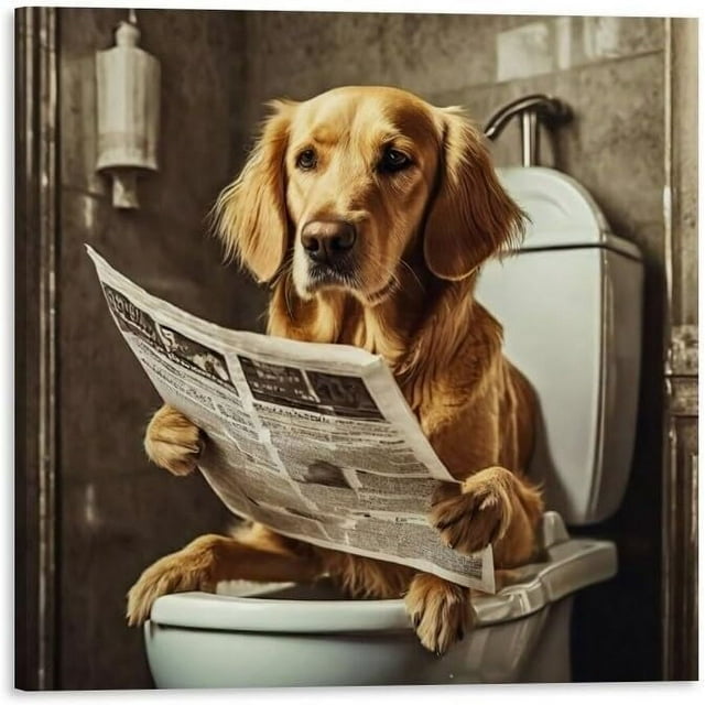 OWNANRTHM Dog Bathroom Wall Art Dog Toilet Painting Black And White Animal Bathroom Canvas Wall Art Funny Pet Animal Toilet Paper Poster Pictures For Bath Restroom Wall Framed 8X10 Inch