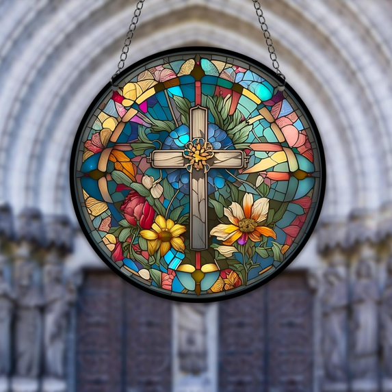 AatoeaX Stylish Cross - Floral Transparent Acrylic Hanging Decor - Artistic, Hassle - free Install, Great for Home/Church