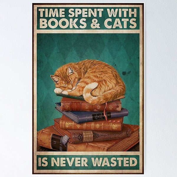 Targa In Metallo Vintage Gatto Siamese E Libri – Scritta Time Spent With Books And Cats – 20x30 Cm - 2