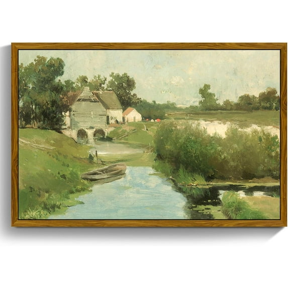 AatoeaX Vintage Wall Art, Countryside Landscape Canvas Painting, River Cottage Green Scenery Art Prints, Bridge Boat Nature Rustic Farmhouse Wall Decor Living Room Bedroom Pictures
