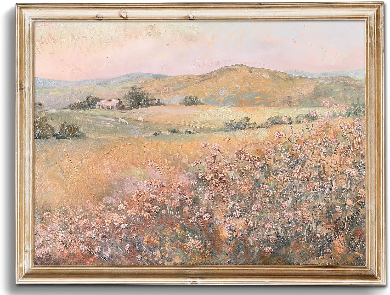 Framed Canvas Wall Art – Vintage Countryside Wildflower Painting "Champ Fleuri" | 30x20 Inch Ready To Hang, Farmhouse Decor For Living Room, Bedroom, Office
