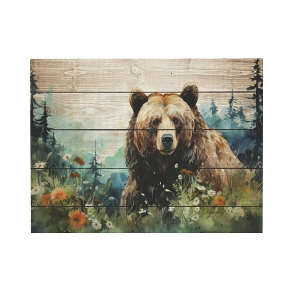 AatoeaX Watercolor Forest Landscape Wall Art Cute Bear Wildflower Painting Print Abstract Nature Wilderness Picture Cabin Artwork Green Forest Animals Wall Decor for Bedroom Bathroom Home Decorations