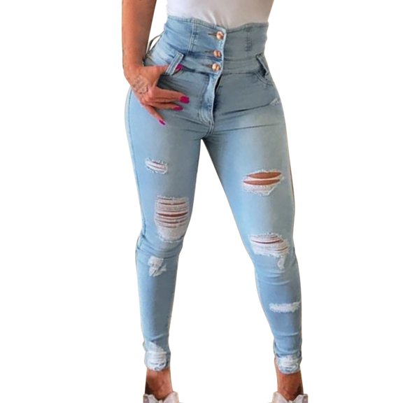 Aayomet 18 Tall Womens Women'S Solid Color High Waisted Hole Button Jeans,Blue XL