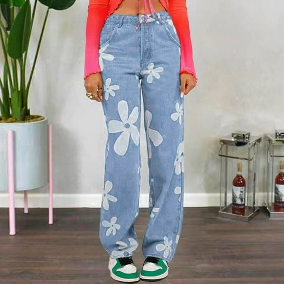 Aayomet 18 Tall Womens Women's High Waist Straight Tube Printed Jeans Pants,Light Blue M