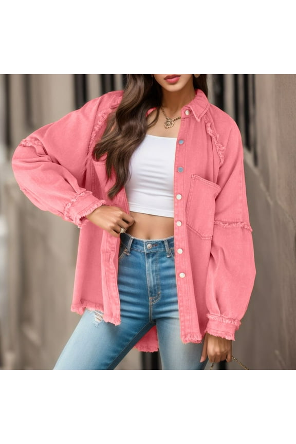 2023 Jean Jackets for Women Wash Wool Edge In The Long Loose Jean Jacket (Pink, M)