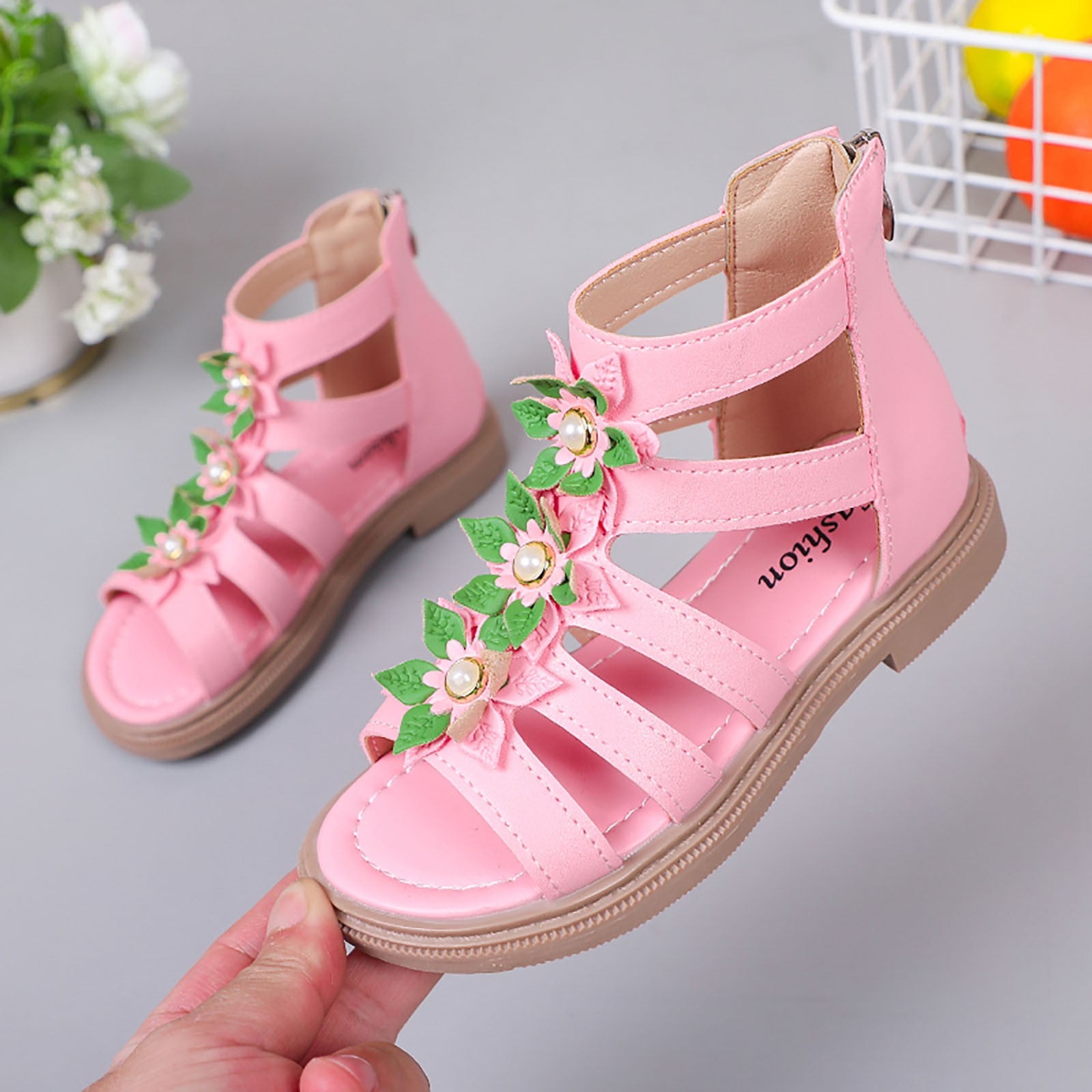 Aayomet Adorable Girls High Top Sandals With Floral Embellishments And Convenient Back Zipper