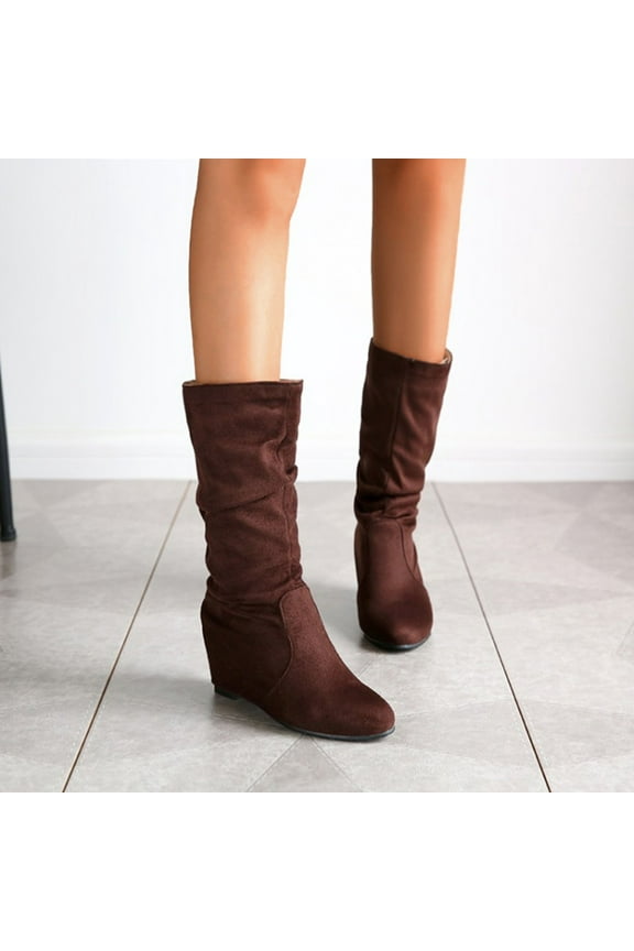 Ankle Boots for Women Solid Color Suede Internal Elevated Mid Length Boots (Brown, 6.5)