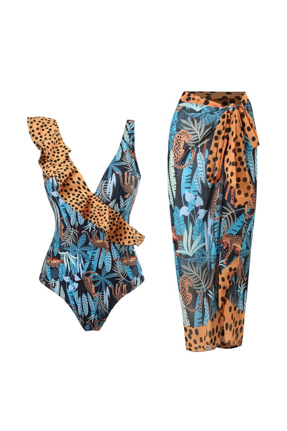 Aayomet Bathing Suit for Women Women 1 Piece Swimwear+1 Piece Cover UP Two Piece Vintage Print Swimsuit Monokini Bikini 2 Piece,Khaki XL