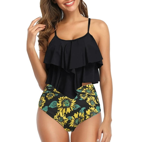 Aayomet Bathing Suits For Women Swimsuit Tummy Two Piece Womens Waist High Swimsuit Bikini Split Vest Swimsuit Floral Ruffle,Black M