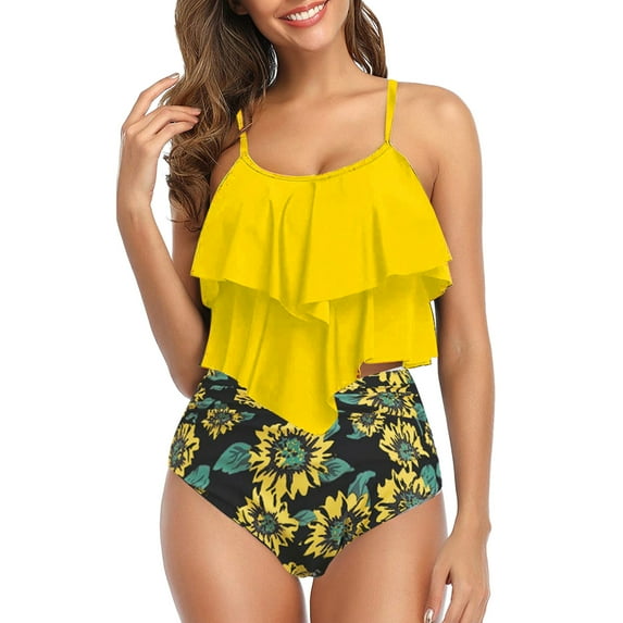 Aayomet Bathing Suits For Women Swimsuit Tummy Two Piece Womens Waist High Swimsuit Bikini Split Vest Swimsuit Floral Ruffle,Yellow XL
