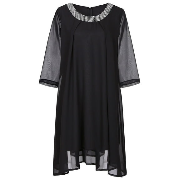 Aayomet Beach Dresses For Women Large Women's Medium Sleeve Chiffon Dress Beaded Collar Dress,Black S