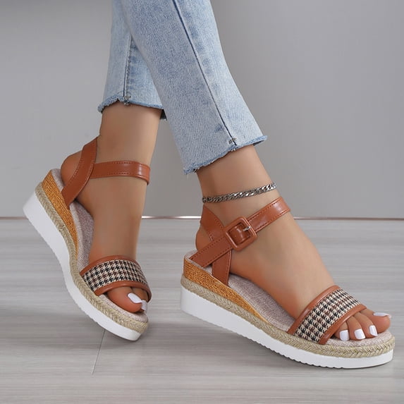 Aayomet Beach Sandals for Women Ladies Fashion Summer Thousand Bird Checker Fabric Clasp Wedge Heel Thick Sole Sandals,Brown 7