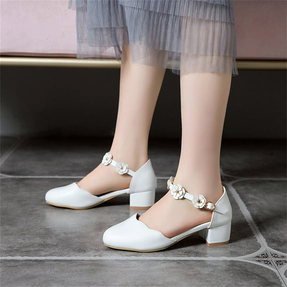 Aayomet Big Kids Girls Mary Jane Dress Shoes Pumps Low Heels Flower High School Prom Shoes Girl Sandals Size 2,White 1.5
