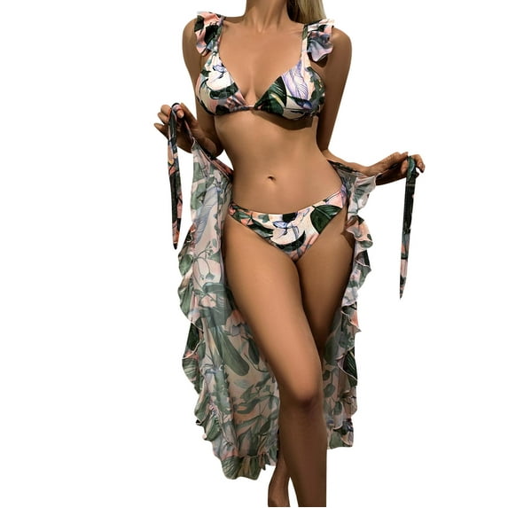 Aayomet Bikinis For Women 3pack Ladies Strap Print Skirt Ruffle Swimsuit Bikini Three-Piece Women Swimwear Beach,Green M