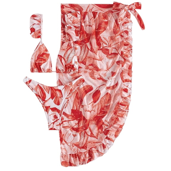 Aayomet Bikinis For Women 3pack Ladies Strap Print Skirt Ruffle Swimsuit Bikini Three-Piece Women Swimwear Beach,Red XL