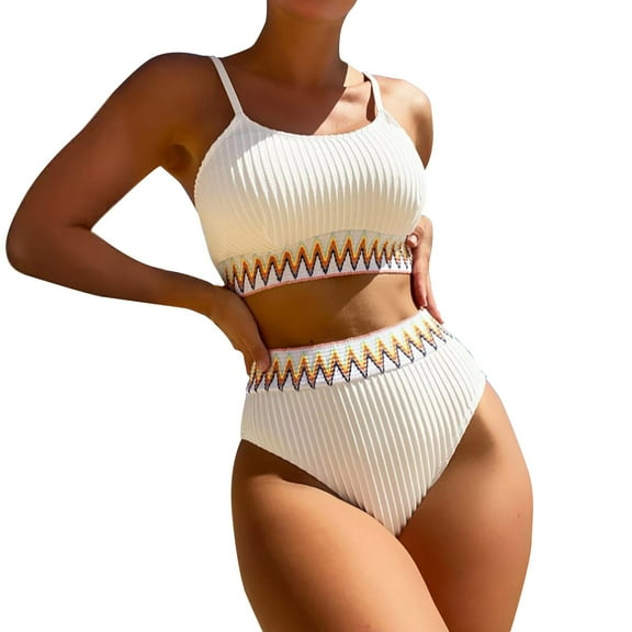 Aayomet Bikinis For Women Women Two Piece Scoop Neck Bikini Crop Top High Cut Ribbed Swimsuit Sporty High Waisted Bathing Suit,White M
