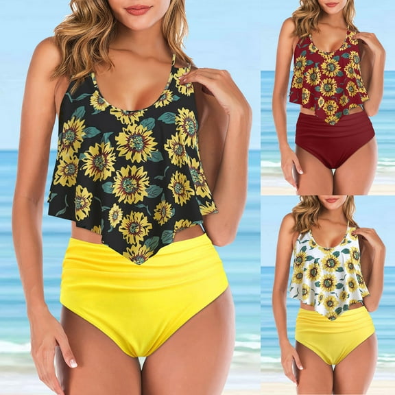 Aayomet Bikinis For Women Women Vintage Swimsuit Two Piece Retro Ruched High Waist Print Bikini Set Sunflower Print Overlay,Black L