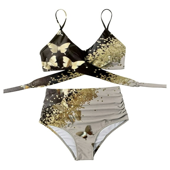 Aayomet Bikinis For Women Women's Thong Bottom Two Piece Bikini Double Shoulder Straps Cute Swimsuit Triangle Bathing,Gold L