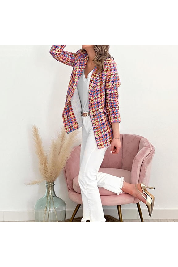 Blazers for Women Weight Thin Jacket Slim Coat Long Sleeve Office Business Coats Plaid Print Jacket With Pocket (Red, M)
