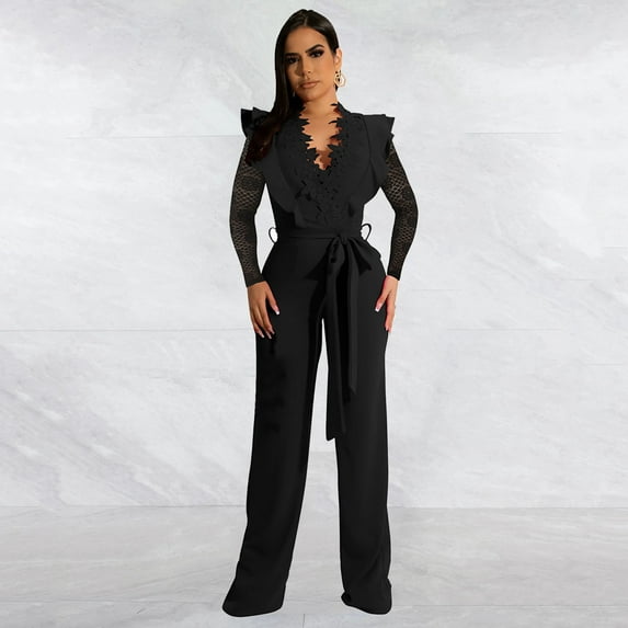 Aayomet Bodycon Jumpsuit For Women Women Jumpsuit Fashion Jumpsuit Trousers Deep Stitching Neck Lace Women Lace Romper,Black S