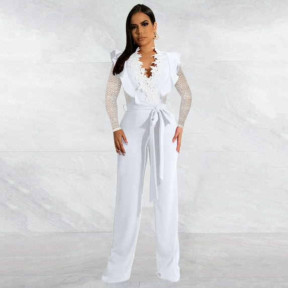 Aayomet Bodycon Jumpsuit For Women Women Jumpsuit Fashion Jumpsuit Trousers Deep Stitching Neck Lace Women Lace Romper,White XXL