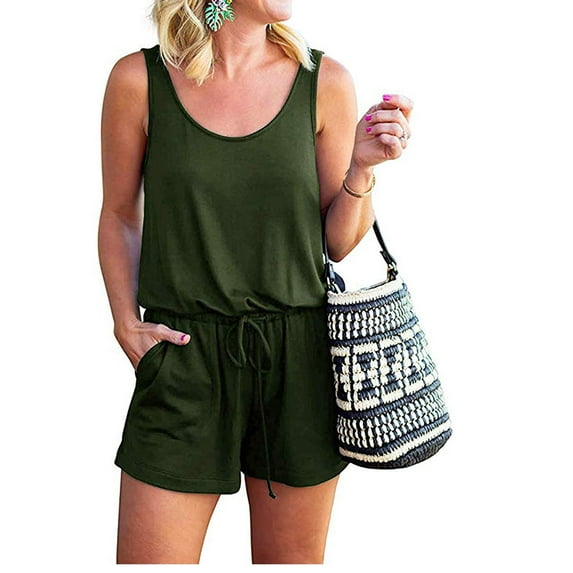 Aayomet Bodysuit For Women Jumpsuit Neck Solid Women Fashion Color Jumpsuit Casual Pocket Sleeveless Round Belted Women's,Army Green L