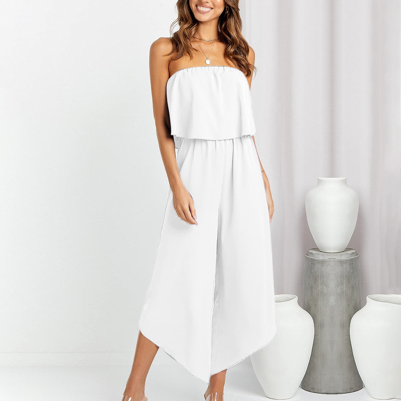 Aayomet Bodysuit For Women Jumpsuit Women s Summer Casual Solid Color Strapless Top Flowy Wide Leg Long Jumpsuit White M
