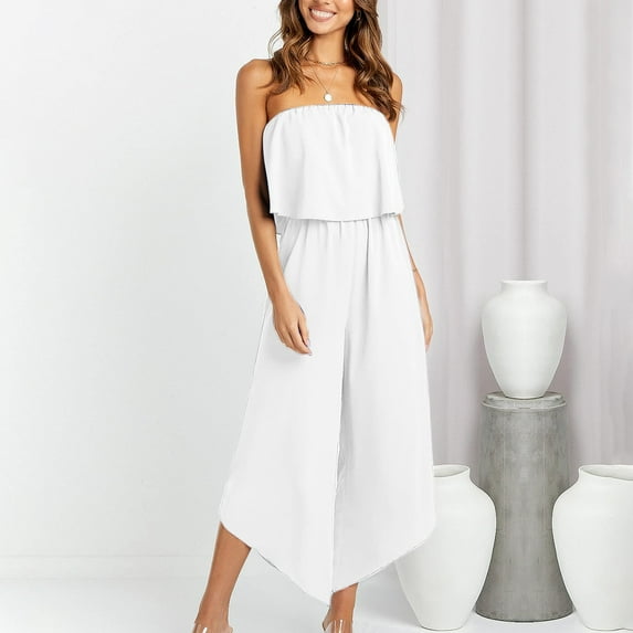 Aayomet Bodysuit For Women Jumpsuit Women's Summer Casual Solid Color Strapless Top Flowy Wide Leg Long Jumpsuit,White M