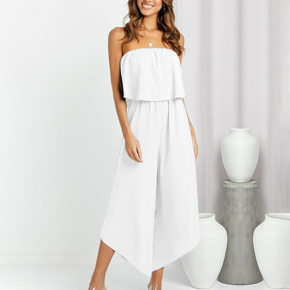 Aayomet Bodysuit For Women Jumpsuit Women's Summer Casual Solid Color Strapless Top Flowy Wide Leg Long Jumpsuit,White M