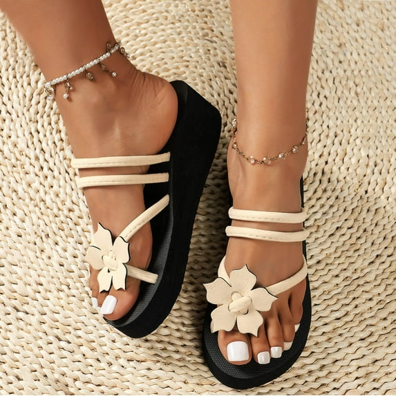 Aayomet Bohemia Styles High Heeled Platform Flower Custom Women Flip Flops Rubber Flip Flops with Arch Support for Women,Beige 7