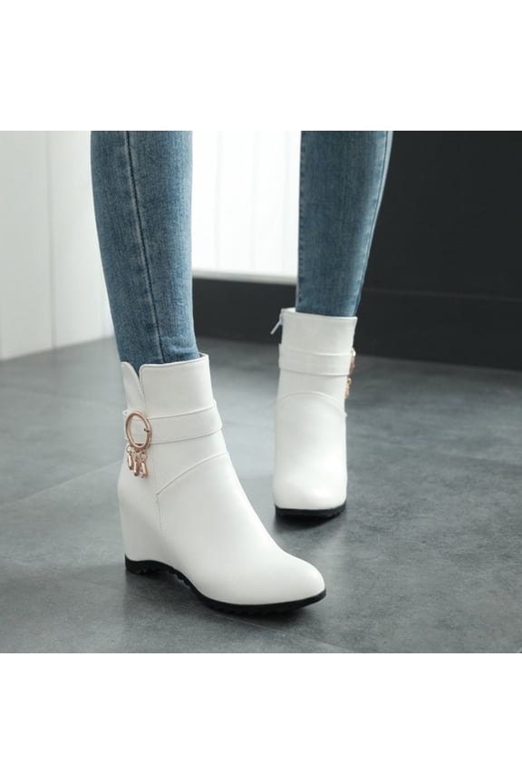 Booties for Women Leather Rhinestone Decorative Belt Buckle Wedge Heel Side Zipper Boots (White, 8)