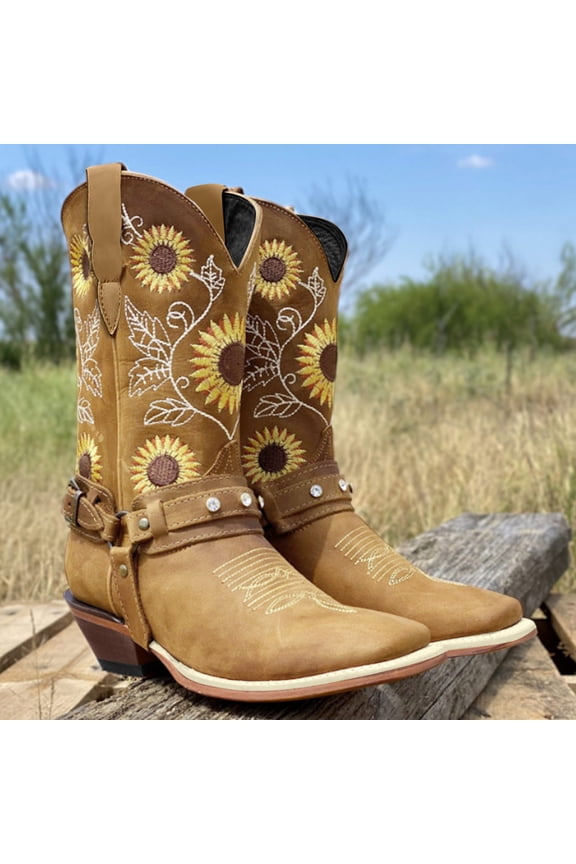 Boots For Women，Western Boots Women Ethnic Rhinestone Heel Style Embroidered Women's Belt Buckle Boots Rain Boots For Women