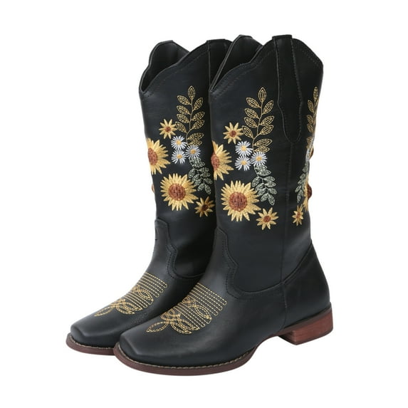 Aayomet Boots For Women,Womens Hiking Boots Embroidered Western Sunflower Boots Boots Motorcycle Vintage Cowboy Cowboy Boots Women
