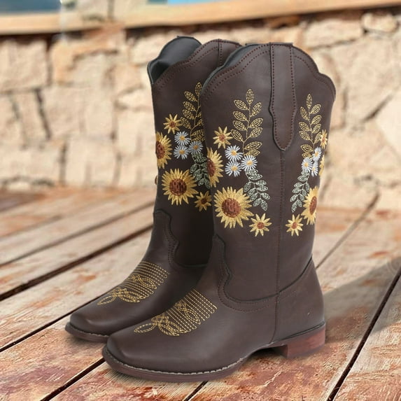 Aayomet Boots For Women,Womens Hiking Boots Embroidered Western Sunflower Boots Boots Motorcycle Vintage Cowboy Cowboy Boots Women