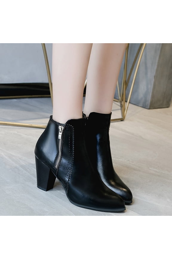 Boots for Women Ankle Booties Square Heels Zipper Short Booties Round Toe Shoes (Black, 7)