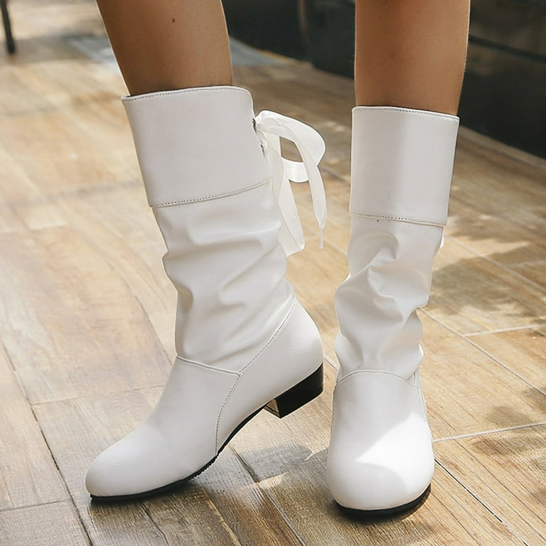 Aayomet Boots for Women Solid Color Pleated Leather Bow Tie Back Thick Heel Medium Boots White 7