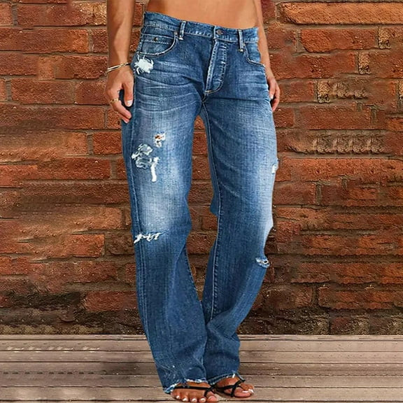 Aayomet Boyfriend Corduroy Pants Straight Leg Jeans For Women Ripped Hem Low Waisted Jeans For Women,Blue M