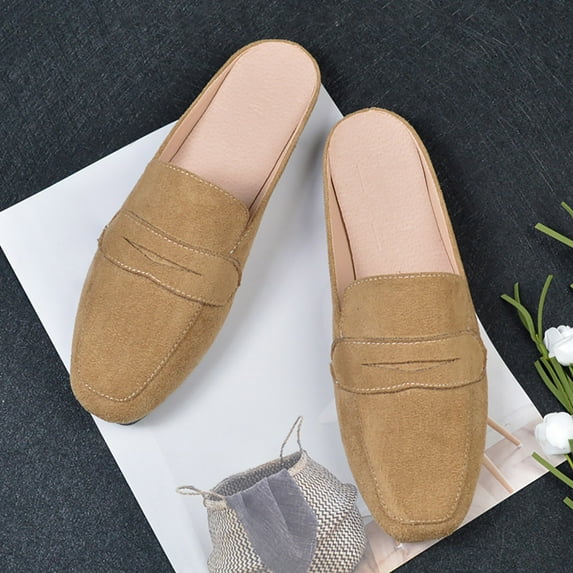 Aayomet Business Casual Work Shoes for Women Women's Spring And Summer New Flat Half Slippers Solid Color Suede Casual Shoes,Khaki 8