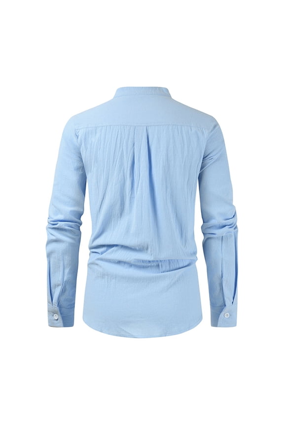 Button Up Shirt Men Color Shirt Long Sleeve Half Cover Button Collarless Top (Blue, XXXL)