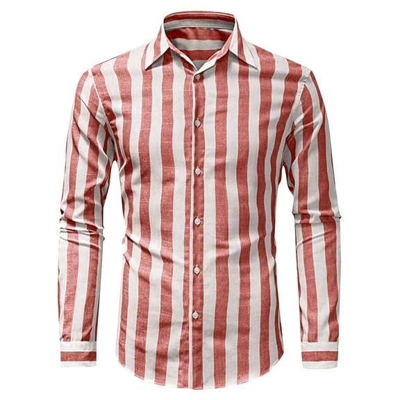 Aayomet Button Up Shirt Men Striped Buckle Lapel Long Sleeve Shirt Top (Red, M)