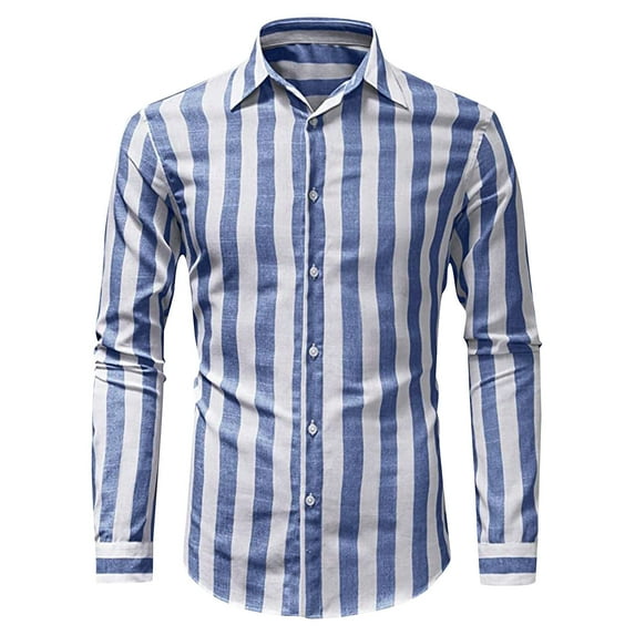 Aayomet Button Up Shirt Men Striped Buckle Lapel Long Sleeve Shirt Top (Sky Blue, XXL)