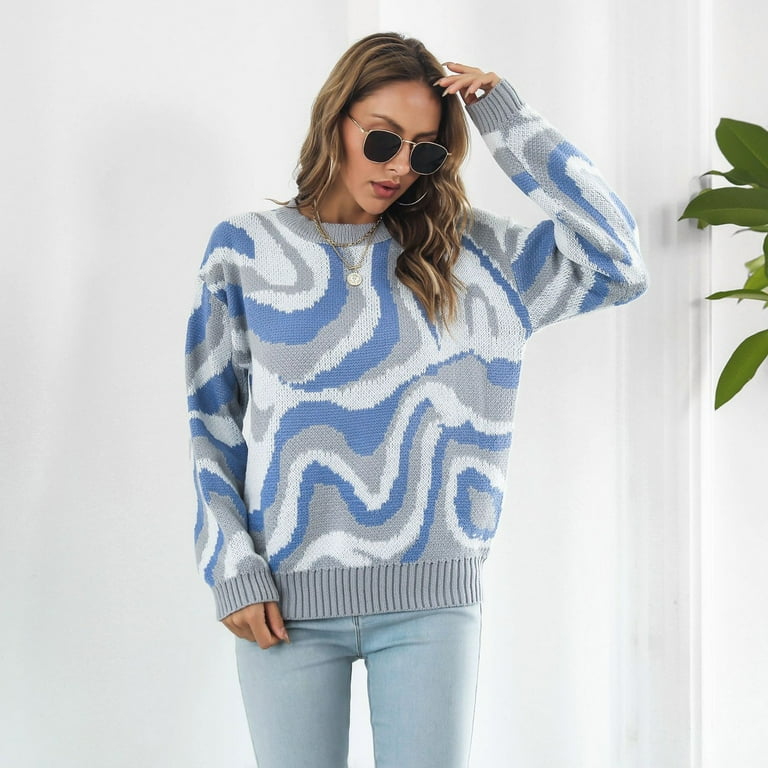 Aayomet Cardigan For Women Plus Size Women s Color Block Sweater Long Sleeve Round Neck Loose Fit Colorful Patchwork Casual Sweaters Blue M Walmart