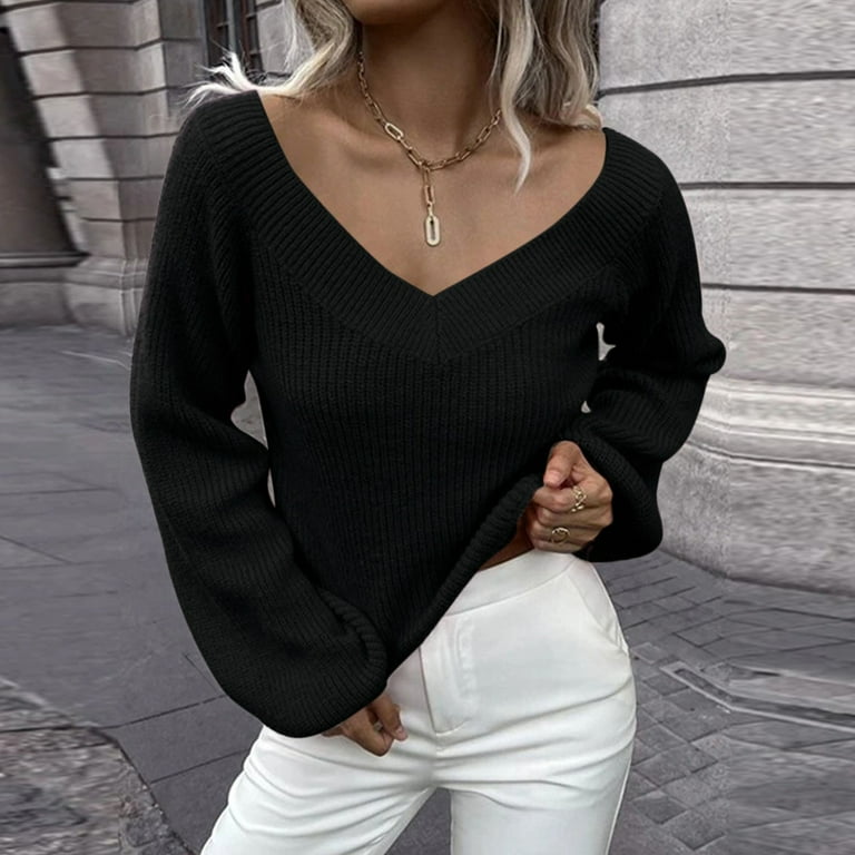 Off Shoulder V-neck Solid Color Sweater Tops Off Shoulder V-neck Solid Color Sweater Tops