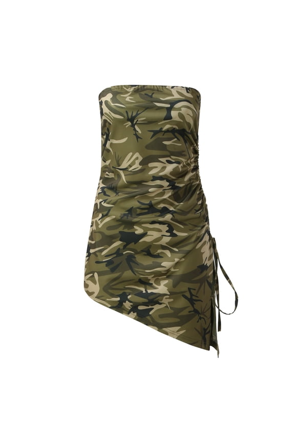 Casual Dresses For Women Women's Slit Tube Top Imitation Denim Print Dress Shirring Tie Irregular Dress,Camouflage XXL