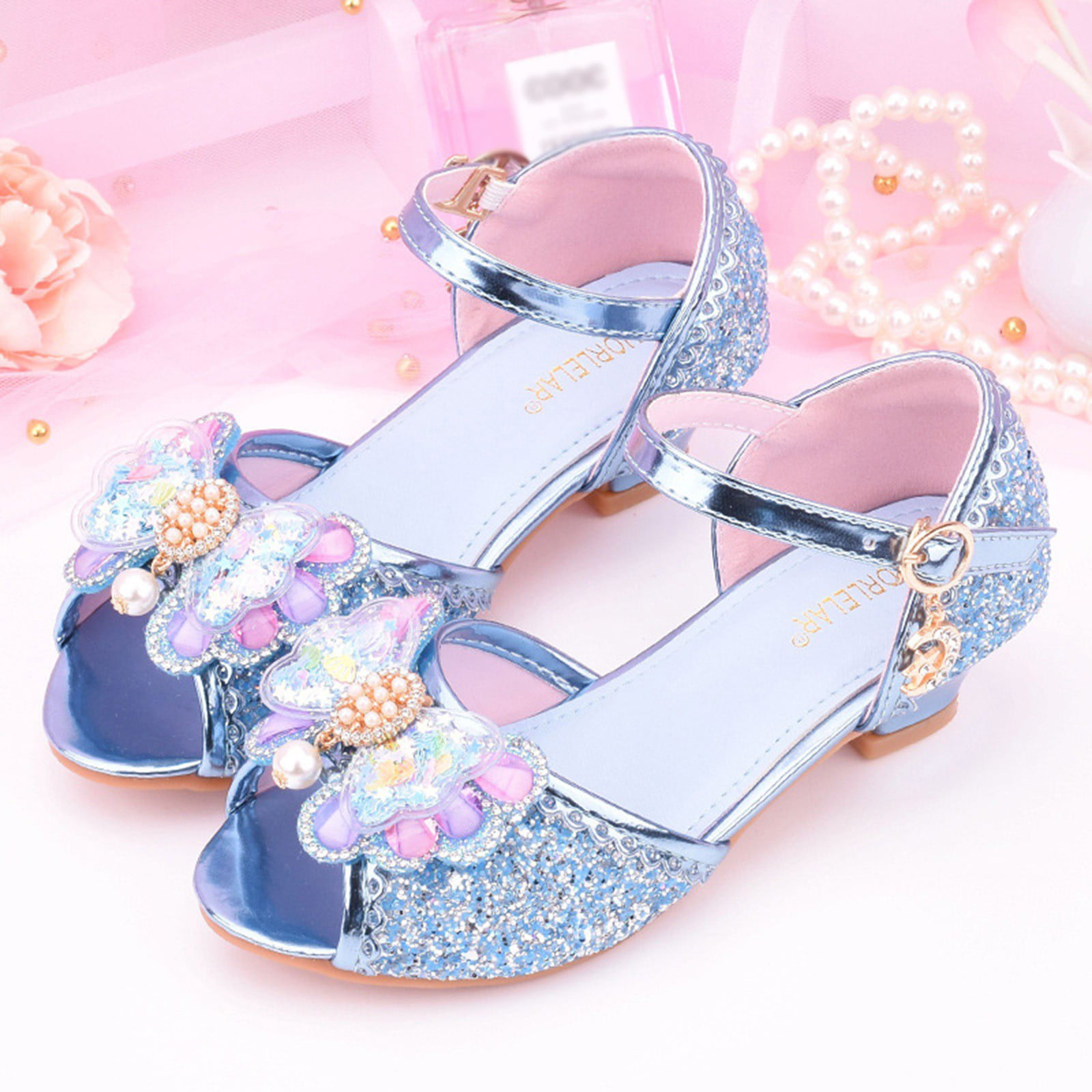 Girls Toddler Youth Strappy Rhinestone Flower High Heel Sandals Gold –  SOBEYO.COM