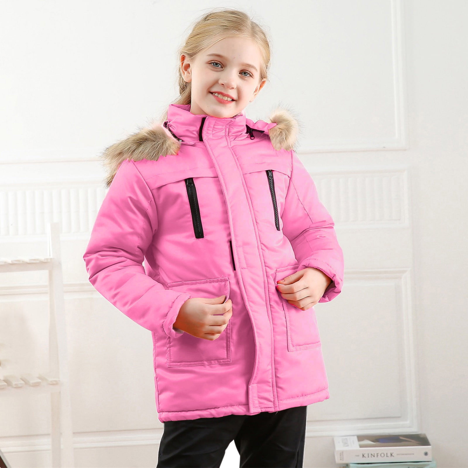 Aayomet Coats For Kids Girls Girl's Winter Lined Long Parka Puffer Coat  Thicken Ski Jacket With Trim Hood,Pink 7-8 Years 