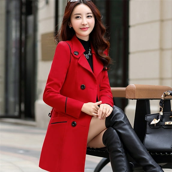 "Aayomet Coats For Women Women's 3/4 Length Double- Trench Coat with Belt,Red 3XL"